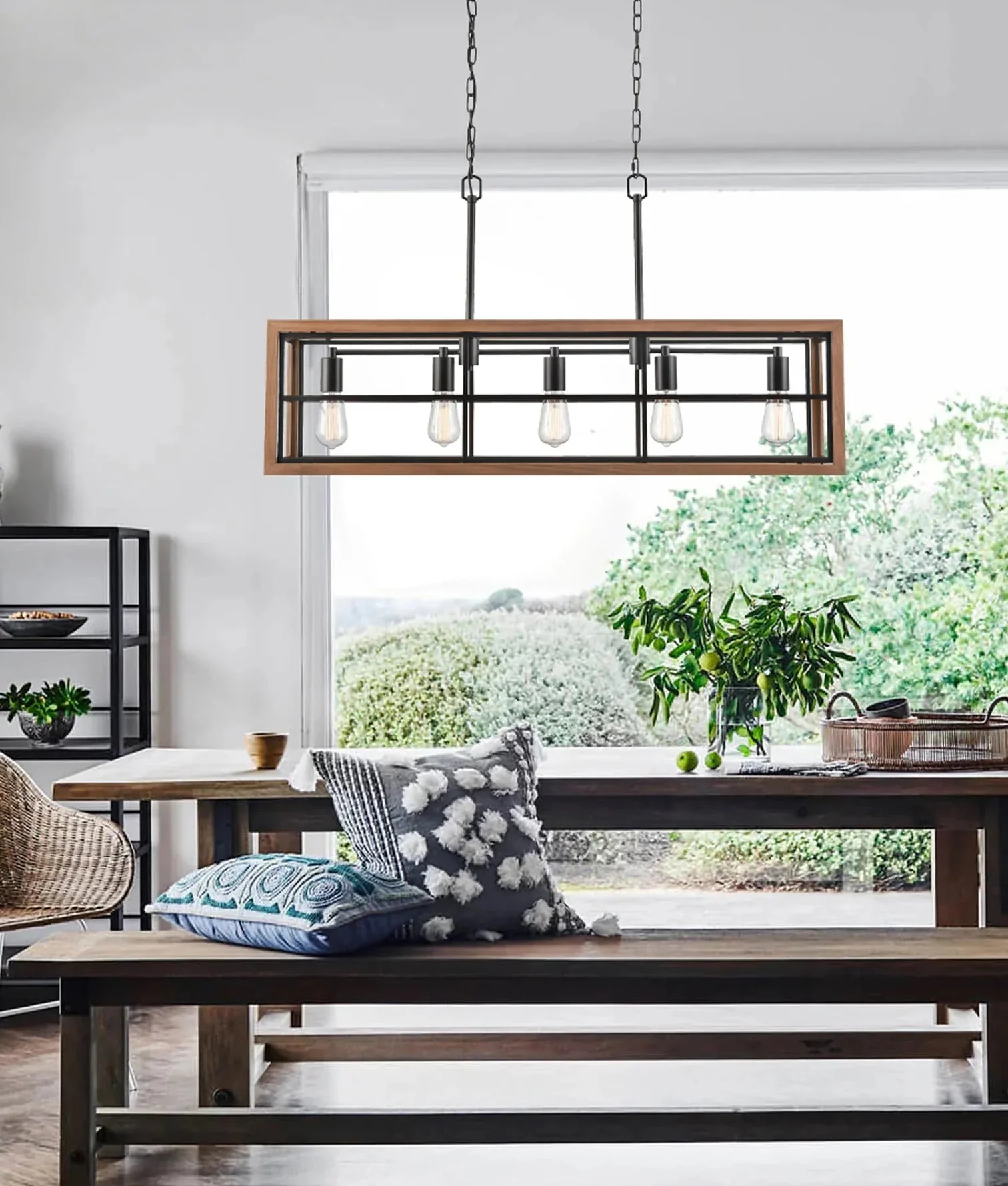 CLA BANQUET: Retro Interior Rectangular Wood Frame Pendant Light - Image 4