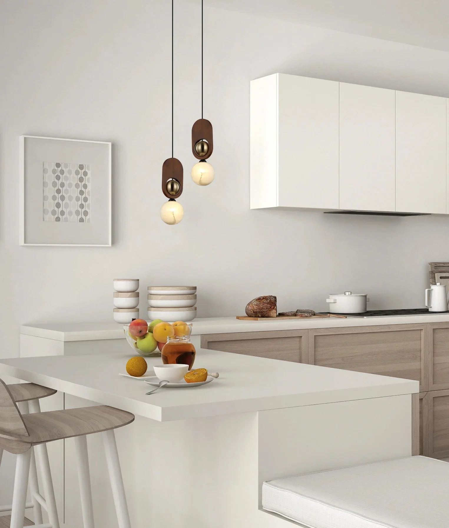 CLA Palta Interior Sandblasted Opal Diffuser with Brass & Wood Highlight Pendant Lights - Image 3