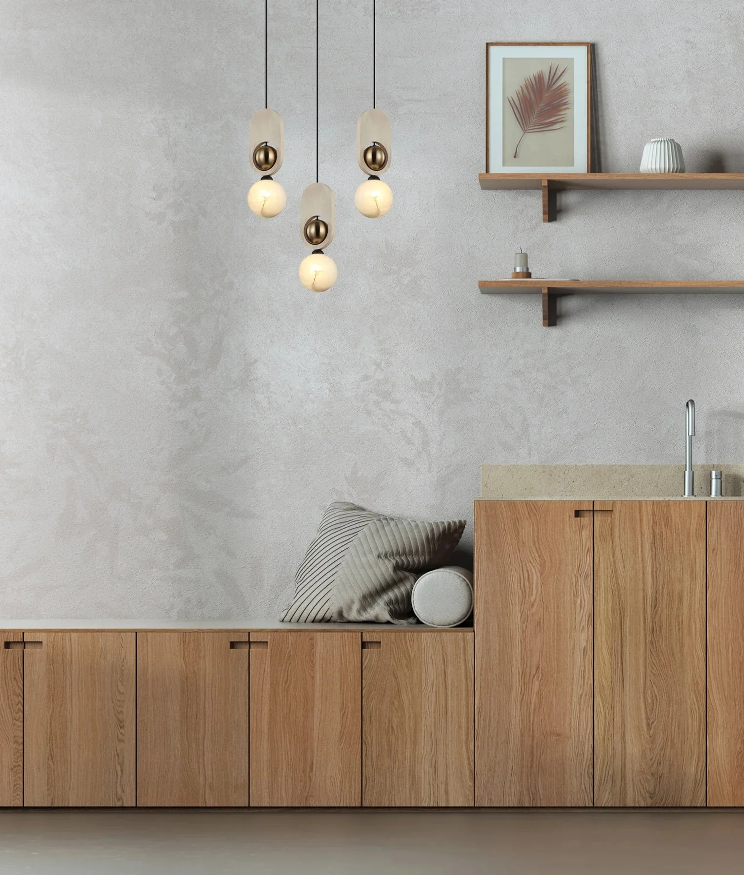 CLA Palta Interior Sandblasted Opal Diffuser with Brass & Wood Highlight Pendant Lights - Image 4