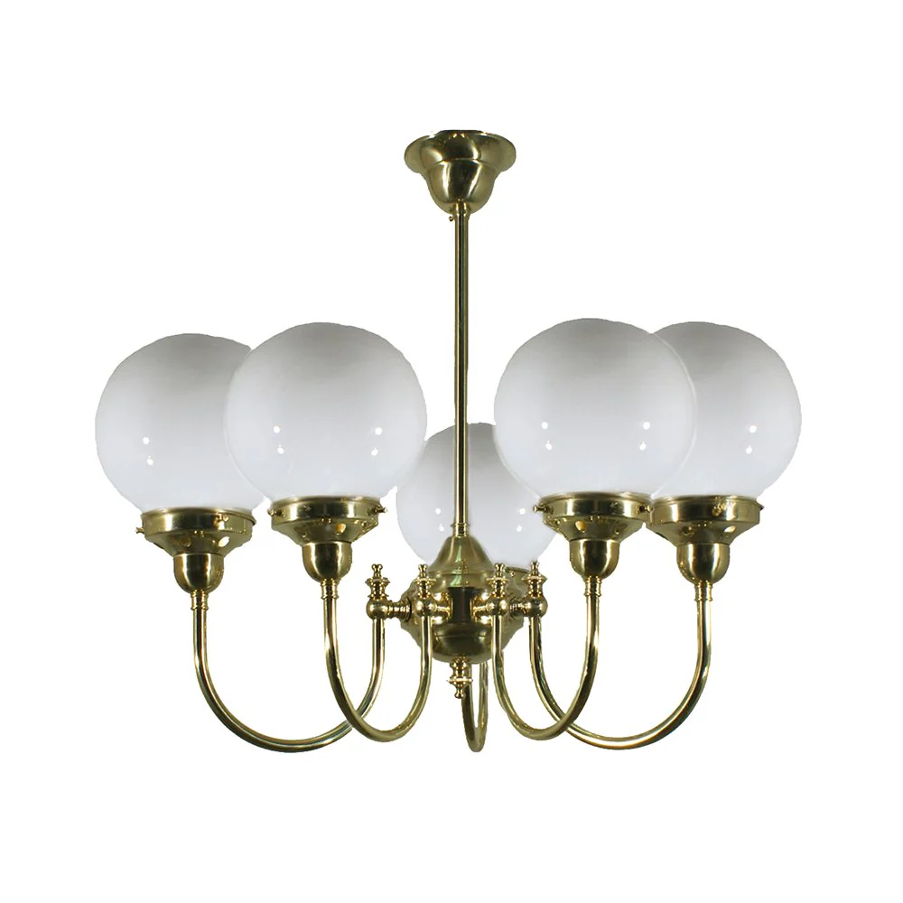 LUKE 5 Light Brass With Sphere Opal Glass or Sheffield Glass Pendant Light