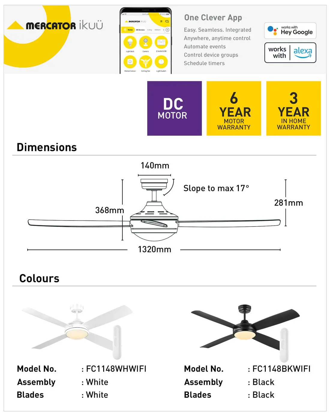 Mercator Anova Smart DC Ceiling Fan Wi-Fi with LED Light in Black or White - Image 3