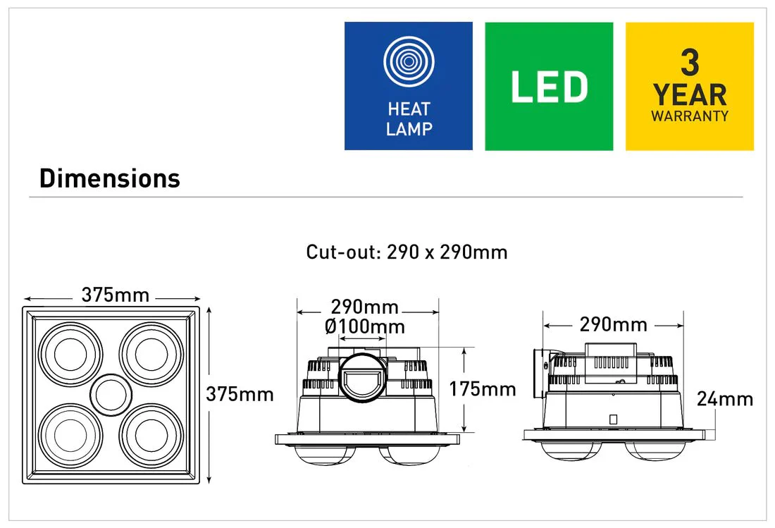 Mercator Midas Quattro 3-In-1 Bathroom Heater With Exhaust Fan And LED Light - Image 2